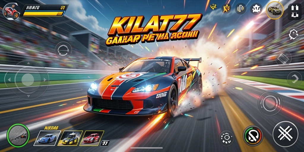 Gameplay KILAT77 dengan mobil balap di trek yang menegangkan.