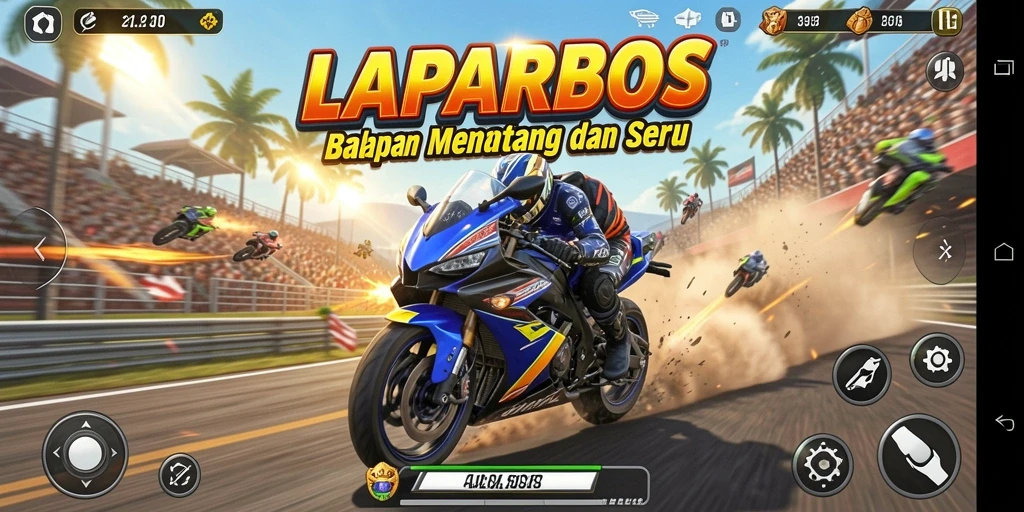Screenshot menunjukkan aksi balapan motor yang mendebarkan.