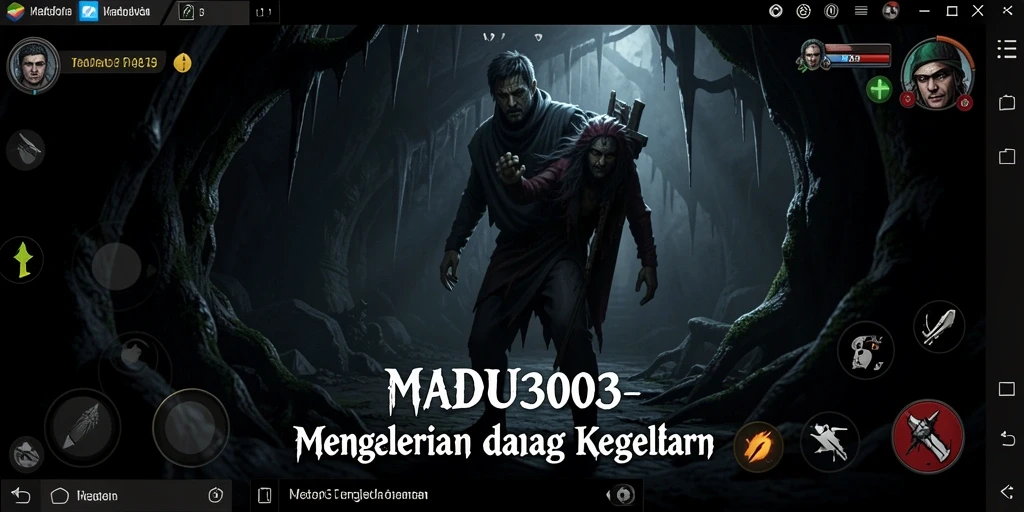 Screenshot gameplay MADU303 menampilkan kegelapan yang menakutkan dengan makhluk-makhluk menyeramkan.