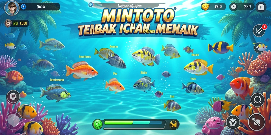 Tampilan gameplay seru dalam MINTOTO saat menembak ikan berwarna-warni.